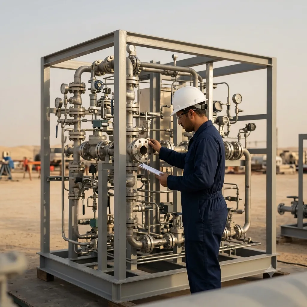 Inspector checking a flange on a process skid
